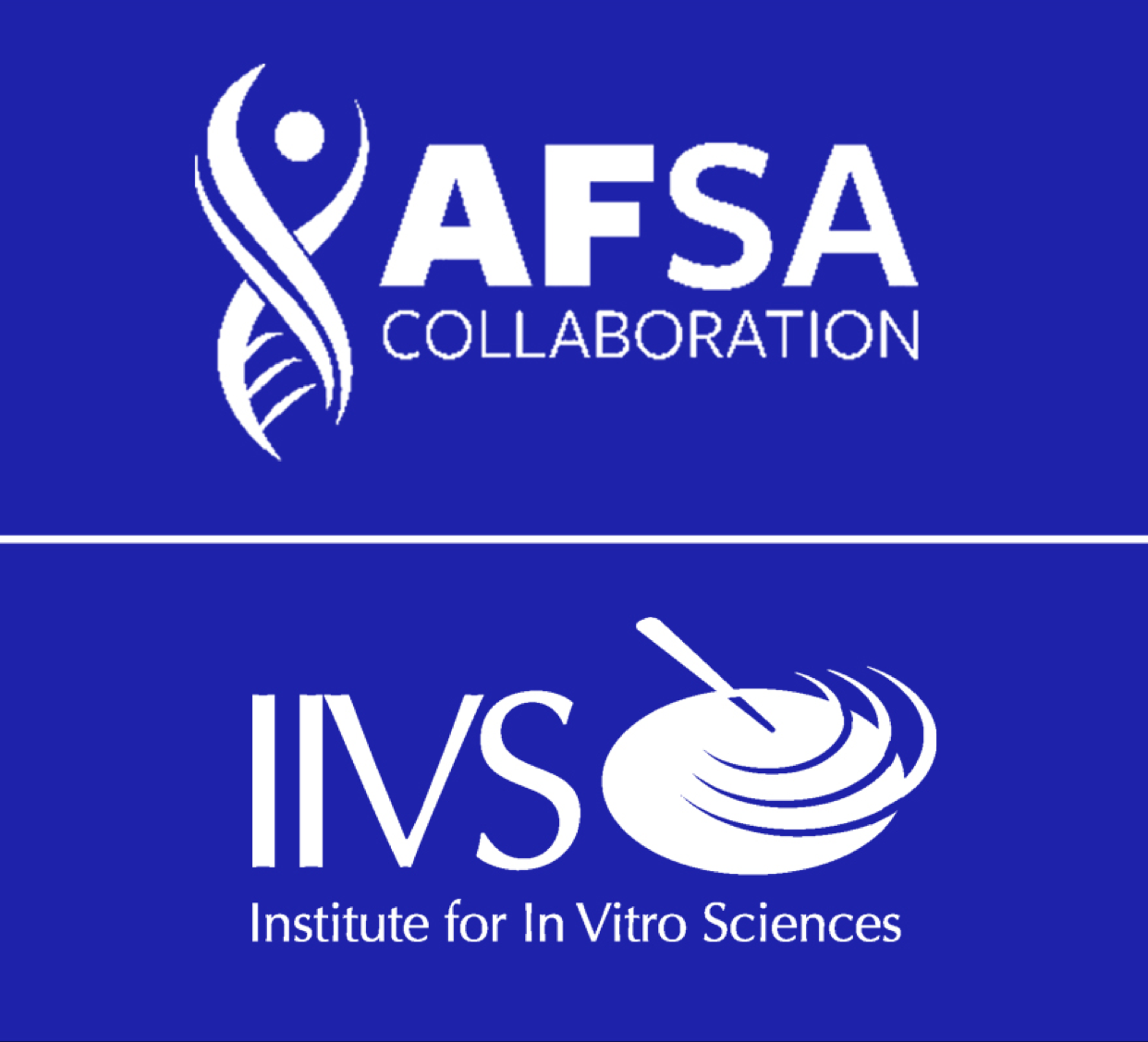 Logos der Animal-Free Safety Assessment Collaboration (AFSA) und des Institute for In Vitro Sciences (IIVS) mit weißem Text auf blauem Hintergrund.
